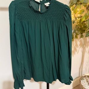 H&M Dark Green Smocked Yoke Long-Sleeve Blouse
